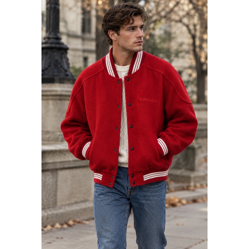 VTG Retreat Mens Red Wool Varsity Bomber Jacket Canada Embroidered Size Large 44